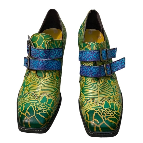 WOMEN'S 9 LEATHER FLORAL HAND PAINTED‎ EMBOSSED DOUBLE STRAP MONK OXFORD - Picture 3 of 12